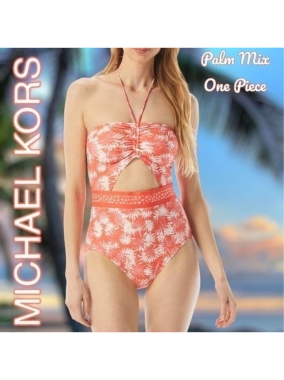 MICHAEL KORS Palm Mix Bandeau Front Cutout Halter Ties One-Piece Swimsuit-12/NWT